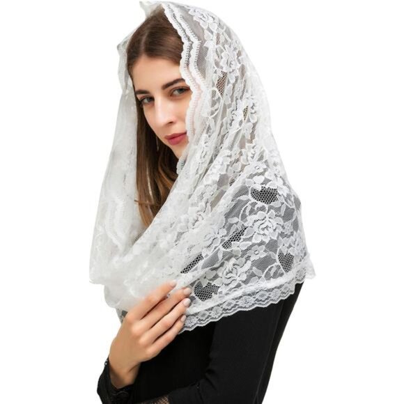 PAMOR Infinity Chapel Veil Floral Latin Mass Head Covering Lace Scarf Mantilla - Picture 2 of 6
